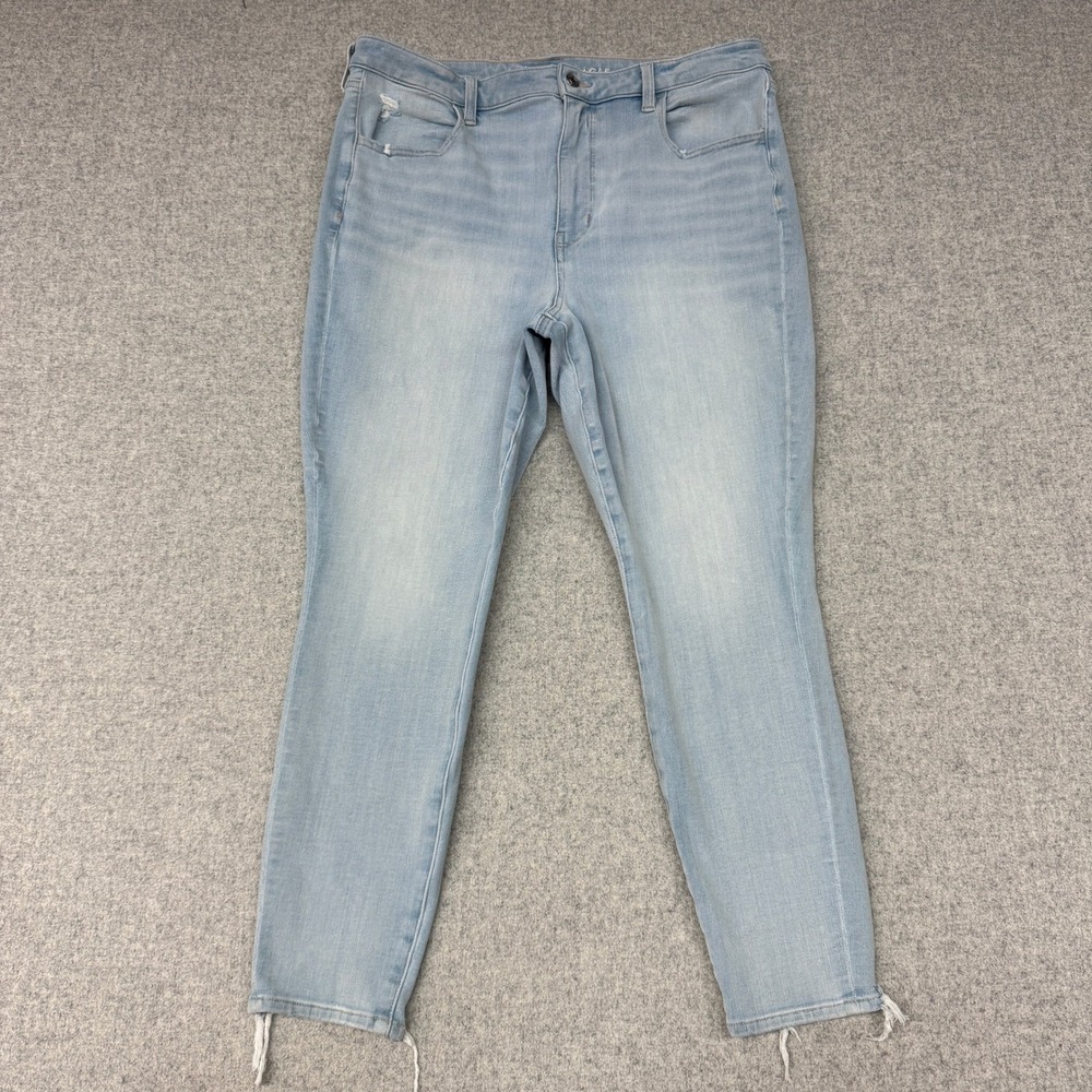 American Eagle Dream Stretch Skinny Jeans 16 Short Light Blue Raw Hem Distressed